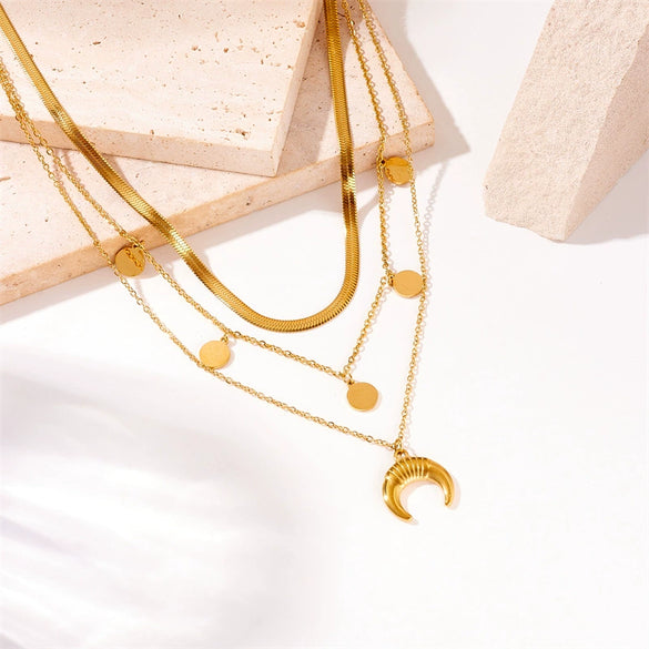 Retro Highend Goldplated Titanium Steel Round Moon Accessories Multilayer Stacked Women's Jewelry Necklace