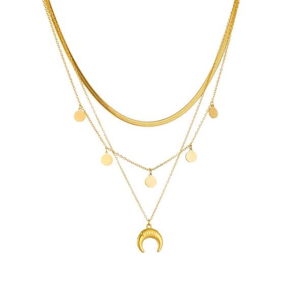 Retro Highend Goldplated Titanium Steel Round Moon Accessories Multilayer Stacked Women's Jewelry Necklace