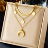Retro Highend Goldplated Titanium Steel Round Moon Accessories Multilayer Stacked Women's Jewelry Necklace