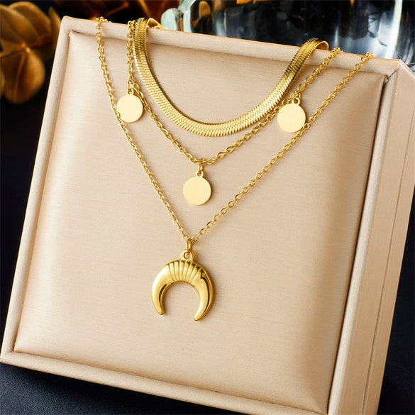 Retro Highend Goldplated Titanium Steel Round Moon Accessories Multilayer Stacked Women's Jewelry Necklace