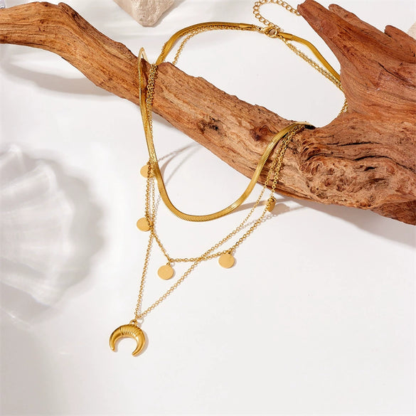 Retro Highend Goldplated Titanium Steel Round Moon Accessories Multilayer Stacked Women's Jewelry Necklace