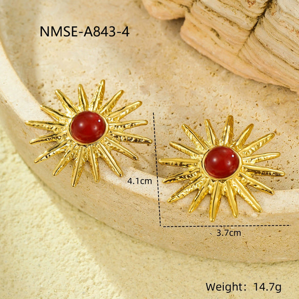 Retro Highend Stainless Steel Sunflower Pearl Earrings For Women With Electroplating Processing