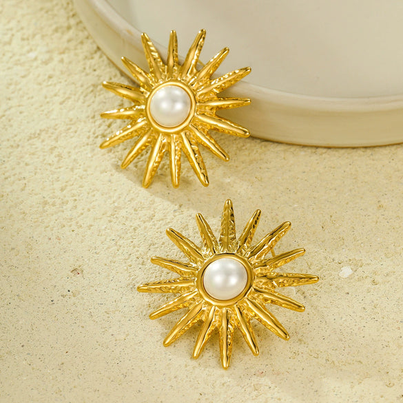 Retro Highend Stainless Steel Sunflower Pearl Earrings For Women With Electroplating Processing