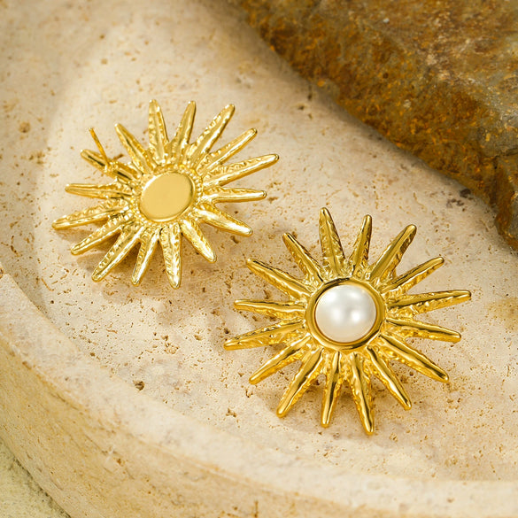 Retro Highend Stainless Steel Sunflower Pearl Earrings For Women With Electroplating Processing