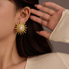 Retro Highend Stainless Steel Sunflower Pearl Earrings For Women With Electroplating Processing