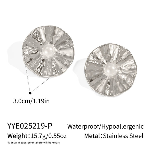Retro Holiday Lotus Leaf Pearl Heart Shape Stainless Steel Electroplated Earrings For Women
