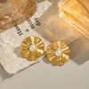 Retro Holiday Lotus Leaf Pearl Heart Shape Stainless Steel Electroplated Earrings For Women