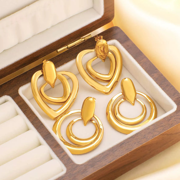 Retro Hollow Double Ring Stainless Steel Earrings With Love Design And Geometric Heart Shape Electroplated With 18K Vacuum Plating In Furnace For Women