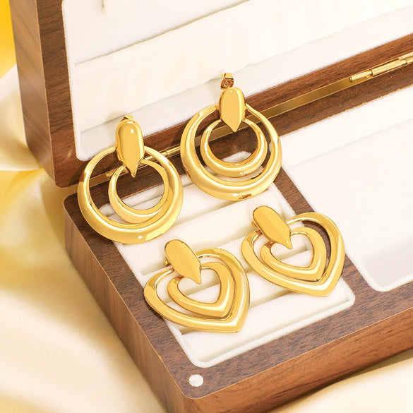Retro Hollow Double Ring Stainless Steel Earrings With Love Design And Geometric Heart Shape Electroplated With 18K Vacuum Plating In Furnace For Women