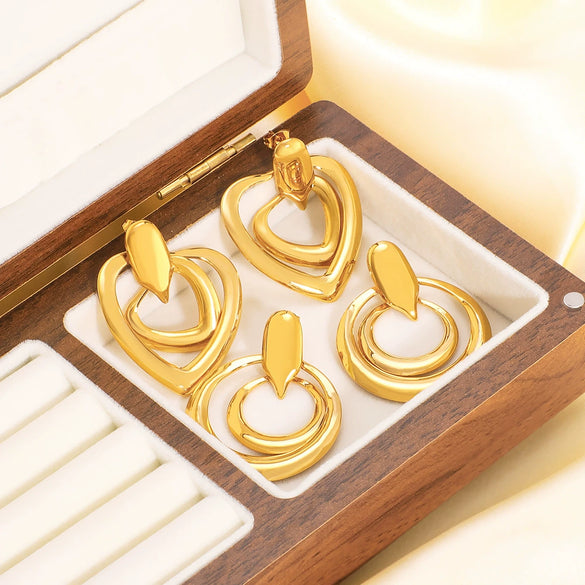 Retro Hollow Double Ring Stainless Steel Earrings With Love Design And Geometric Heart Shape Electroplated With 18K Vacuum Plating In Furnace For Women