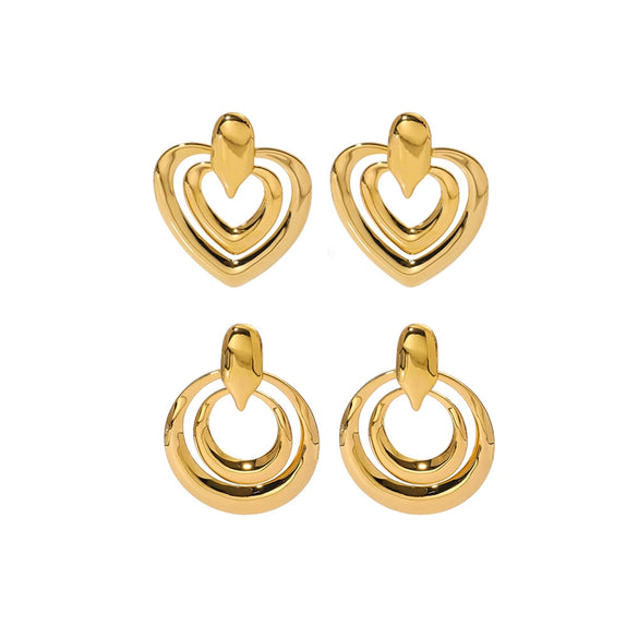 Retro Hollow Double Ring Stainless Steel Earrings With Love Design And Geometric Heart Shape Electroplated With 18K Vacuum Plating In Furnace For Women