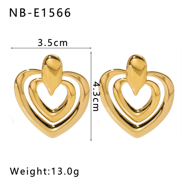 Retro Hollow Double Ring Stainless Steel Earrings With Love Design And Geometric Heart Shape Electroplated With 18K Vacuum Plating In Furnace For Women