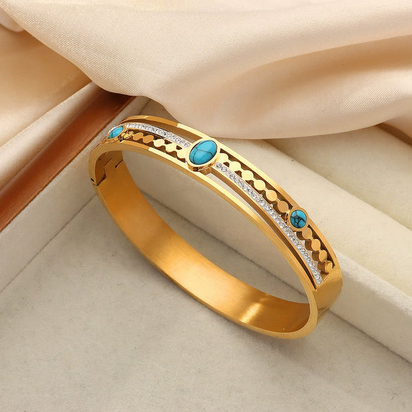 Retro Hollow 316L Stainless Steel Goldplated Diamond Inlaid Turquoise Bracelet Jewelry