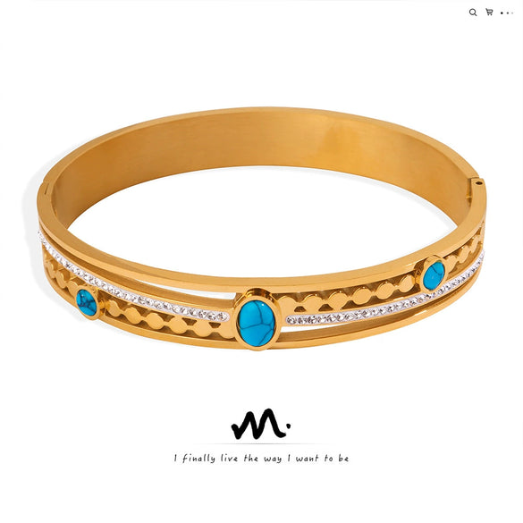 Retro Hollow 316L Stainless Steel Goldplated Diamond Inlaid Turquoise Bracelet Jewelry