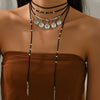 Retro Imitation Turquoise Bull Head Geometric Beaded Necklace Set With Woven Chain And Alloy Pendant