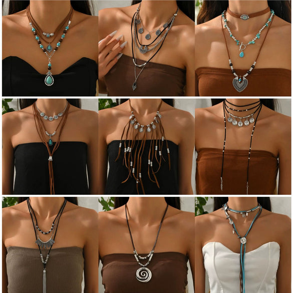 Retro Imitation Turquoise Bull Head Geometric Beaded Necklace Set With Woven Chain And Alloy Pendant