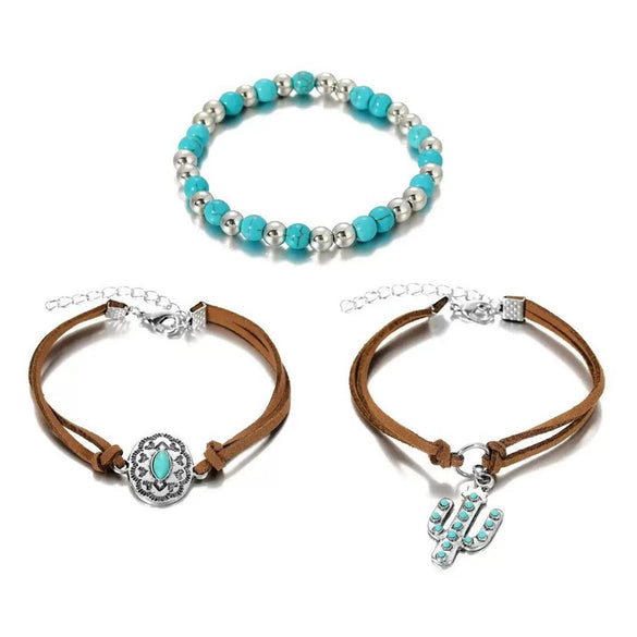 Retro Imitation Turquoise Bull Head Geometric Beaded Necklace Set With Woven Chain And Alloy Pendant