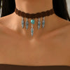Retro Imitation Turquoise Bull Head Geometric Beaded Necklace Set With Woven Chain And Alloy Pendant