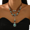 Retro Imitation Turquoise Bull Head Geometric Beaded Necklace Set With Woven Chain And Alloy Pendant