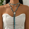 Retro Imitation Turquoise Bull Head Geometric Beaded Necklace Set With Woven Chain And Alloy Pendant