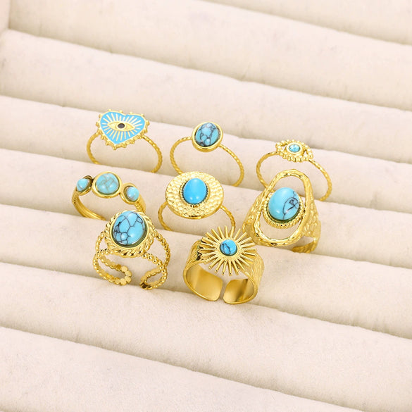 Retro Inlaid Turquoise Geometric Ring Stainless Steel Jewelry