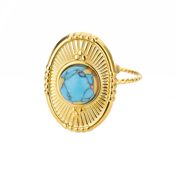 Retro Inlaid Turquoise Geometric Ring Stainless Steel Jewelry