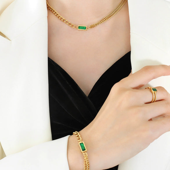 Retro Inlaid Zircon Double Thick Chain Jewelry Suit For Women And Girls Titanium Steel With Electroplating