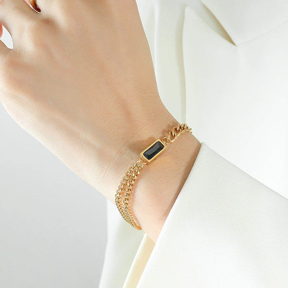 Retro Inlaid Zircon Double Thick Chain Jewelry Suit For Women And Girls Titanium Steel With Electroplating