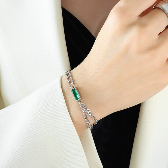 Retro Inlaid Zircon Double Thick Chain Jewelry Suit For Women And Girls Titanium Steel With Electroplating
