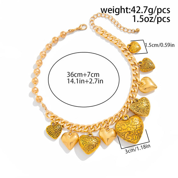 Retro Ins Style Metal Heart Pattern Pendant Necklace For Women