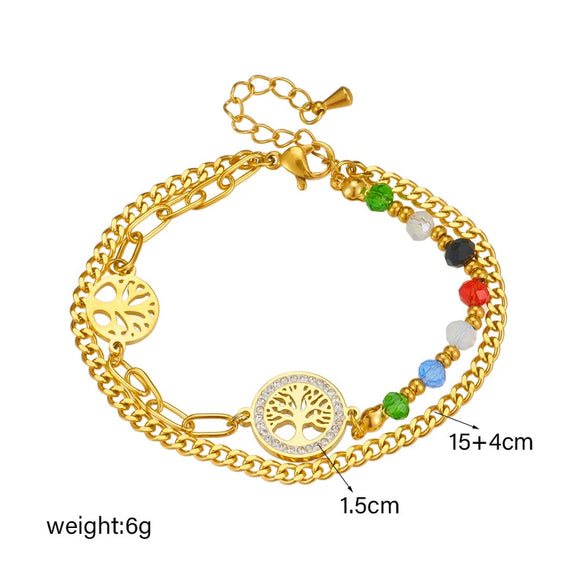 Retro Irregular Chain Round Life Tree Connection Colorful Beaded Double Layer Unisex Bracelet With Electroplating Geometric Pattern