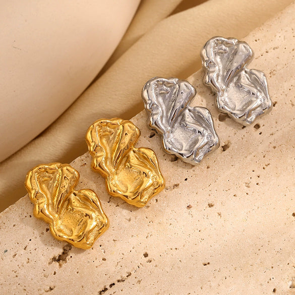 Retro Irregular Pleated Geometric Stainless Steel 18K Gold Plated Earrings For Women