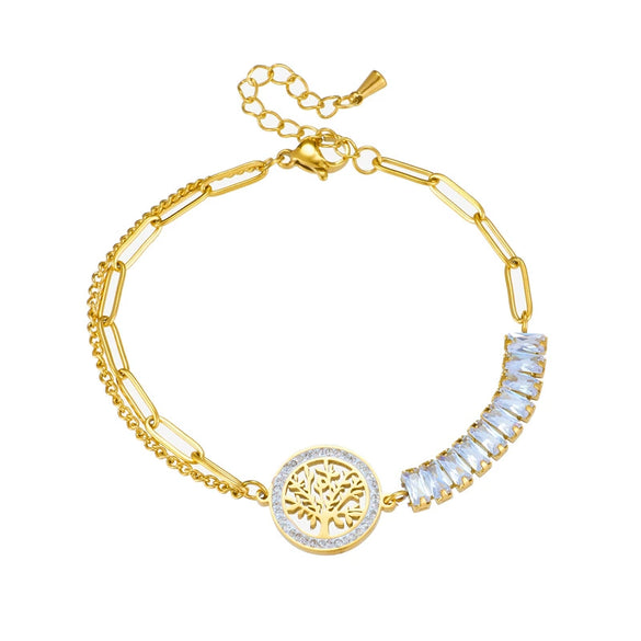 Retro Irregular Titanium Steel Bracelet With Row Of Diamonds And Tree Of Life Round Plate Connection