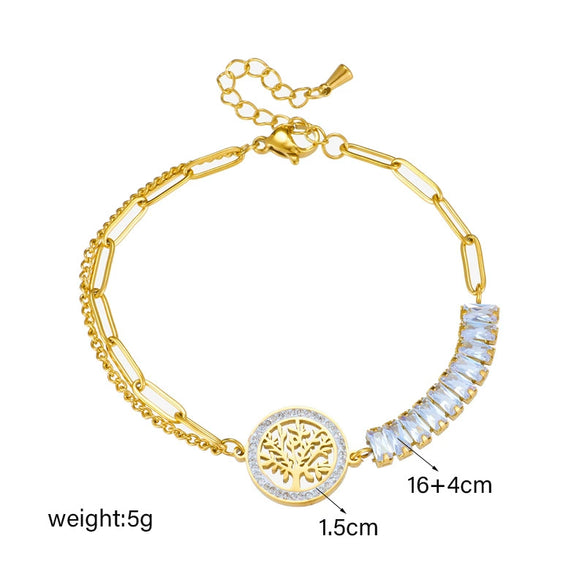 Retro Irregular Titanium Steel Bracelet With Row Of Diamonds And Tree Of Life Round Plate Connection