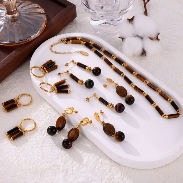 Retro Jewelry 316L Stainless Steel Goldplated Tiger's Eye Beaded Chain Design