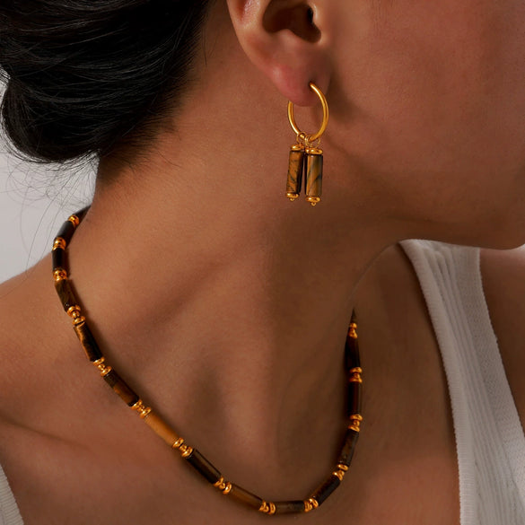 Retro Jewelry 316L Stainless Steel Goldplated Tiger's Eye Beaded Chain Design