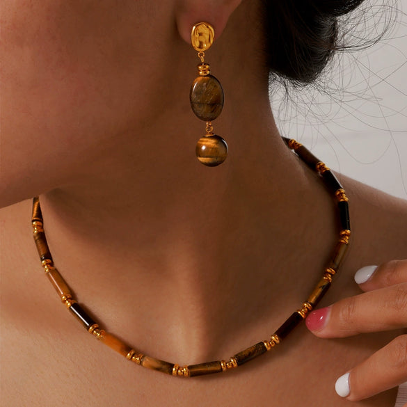 Retro Jewelry 316L Stainless Steel Goldplated Tiger's Eye Beaded Chain Design