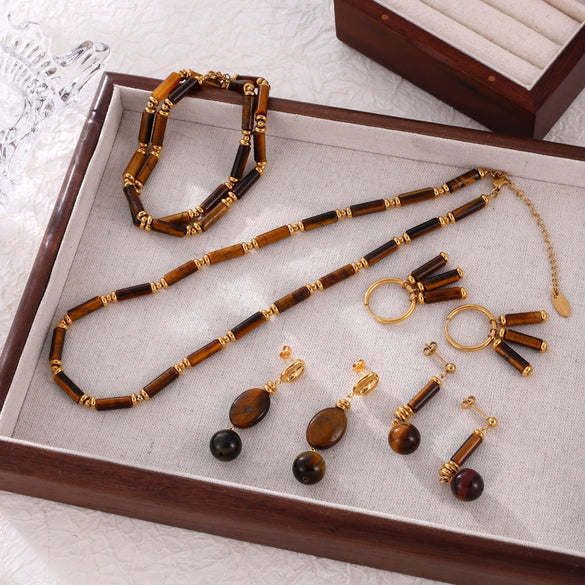 Retro Jewelry 316L Stainless Steel Goldplated Tiger's Eye Beaded Chain Design