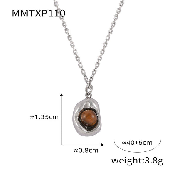 Retro Jewelry 316L Stainless Steel Oval Pendant Inlaid Tiger's Eye Electroplated Chain Style Unisex