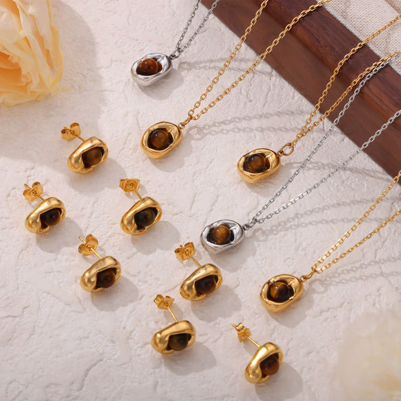 Retro Jewelry 316L Stainless Steel Oval Pendant Inlaid Tiger's Eye Electroplated Chain Style Unisex