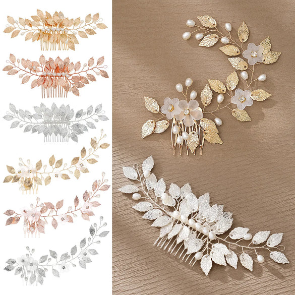 Retro Leaf Flower Alloy Copper Pearl Inlay Rhinestones Insert Comb