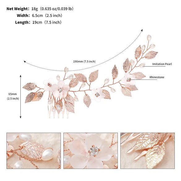 Retro Leaf Flower Alloy Copper Pearl Inlay Rhinestones Insert Comb