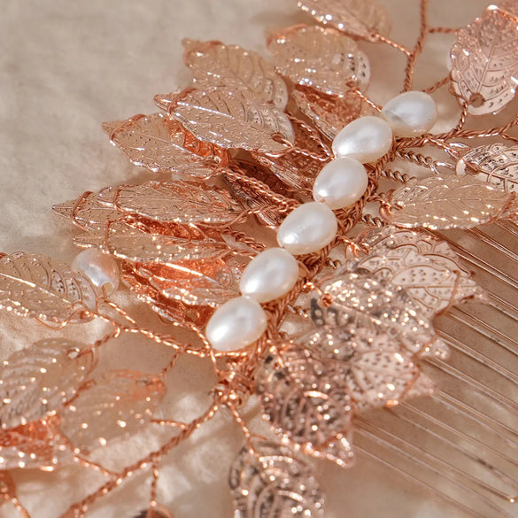 Retro Leaf Flower Alloy Copper Pearl Inlay Rhinestones Insert Comb