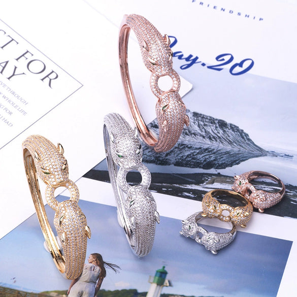 Retro Leopard Full Rhinestone Double Ended Bracelet Ring Set Electroplated Copper Fashion Hand Jewelry For Women