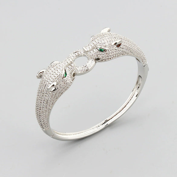 Retro Leopard Full Rhinestone Double Ended Bracelet Ring Set Electroplated Copper Fashion Hand Jewelry For Women