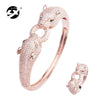 Retro Leopard Full Rhinestone Double Ended Bracelet Ring Set Electroplated Copper Fashion Hand Jewelry For Women