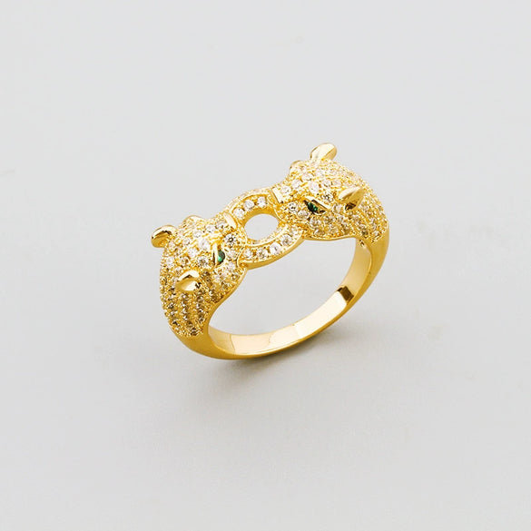 Retro Leopard Full Rhinestone Double Ended Bracelet Ring Set Electroplated Copper Fashion Hand Jewelry For Women