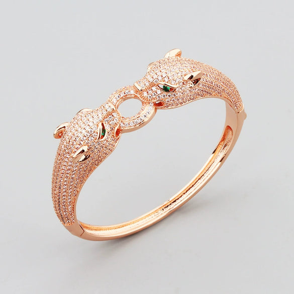 Retro Leopard Full Rhinestone Double Ended Bracelet Ring Set Electroplated Copper Fashion Hand Jewelry For Women