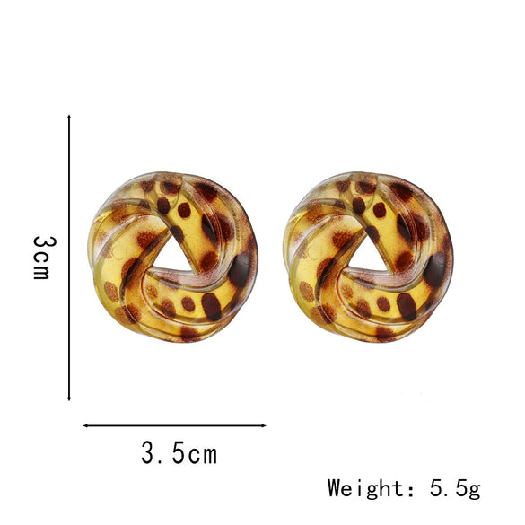 Retro Leopard Print Transparent Resin Twist Stud Earrings For Women Hollow Round Geometric Design With Printing Process