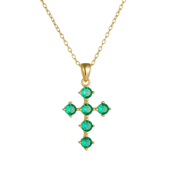 Retro Light Luxury Emerald Zircon Cross Pendant Necklace For Women 925 Sterling Silver Set With Diamonds